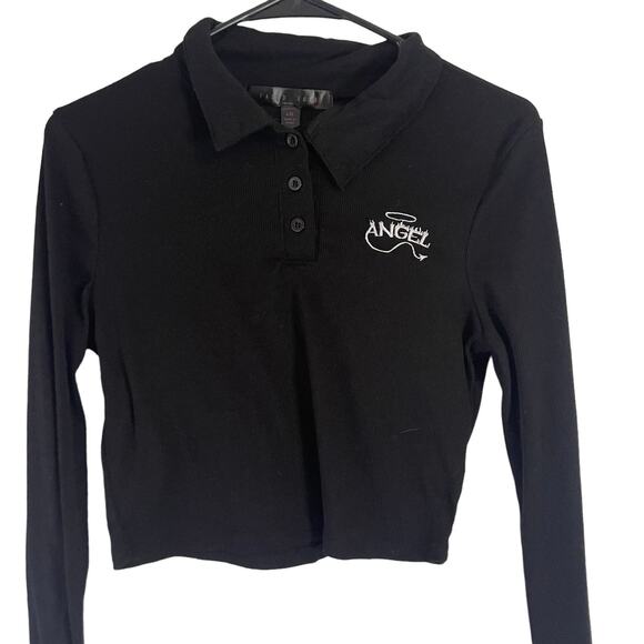 Faded Rose Grunge Size Large Black Cropped Angel Devil Long Sleeve Top - Picture 1 of 7